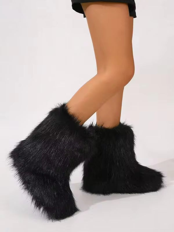Sweater,Women Winter Boots, Fluffy Flat Snow Boots, Knee-High Boots, Black Boots, Furry Boots, Ladies Shoes Go With Dress