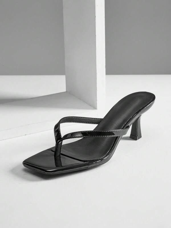 SHUZIA Women's Square Toe Kitten Heel Strappy Thong Glossy Patent Black Sandals - Chic Comfortable Spring Shoes Spring Break Easter Wedding Shoes For Christmas Valentine's Day Summer Shoes