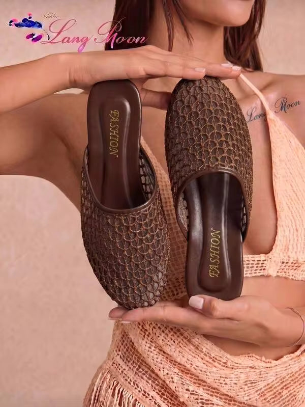LangMoon Brown Mesh Hollow Out Mules, Breathable Flat Comfortable Slippers, Non-Slip Casual Shoes For Commute Vacation, Versatile Spring And Summer