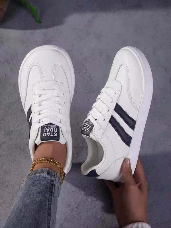 Women's New Minimalist Low-Top Lace-Up Black Striped Patchwork White Sneakers, Wide Toe Box Round Toe Casual Skate Shoes Athletic Shoes
